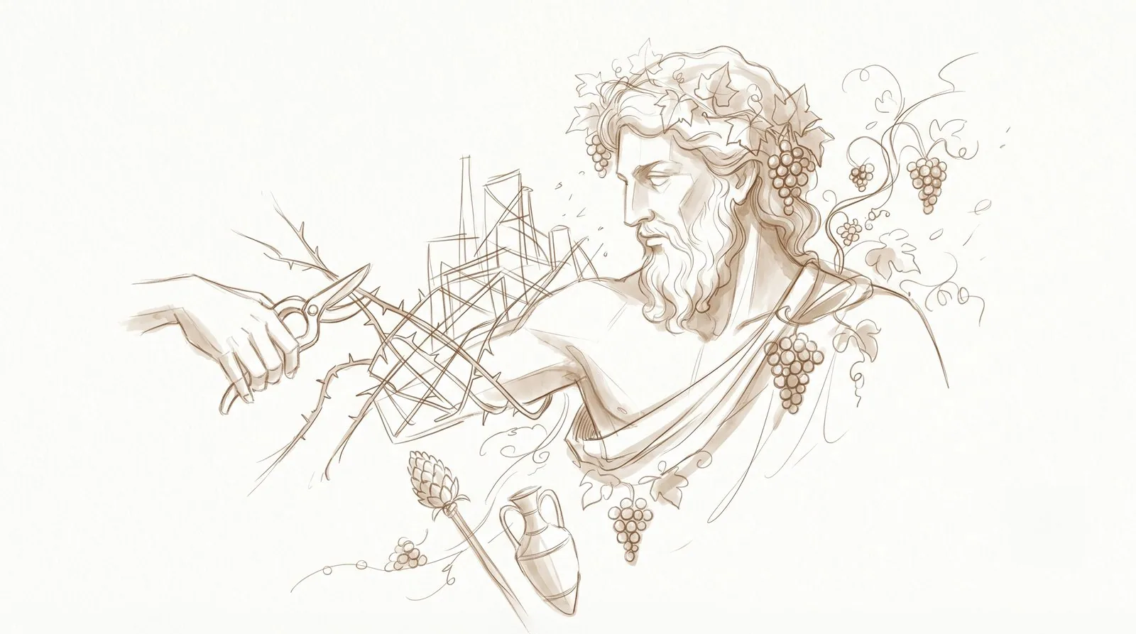 Bacchus, crowned with vine, cutting himself free of an industrial pesticide thicket as living vines and grapes return