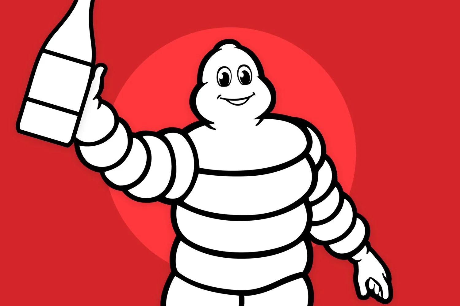The Michelin Man, Bibendum, raising a wine bottle against a red background