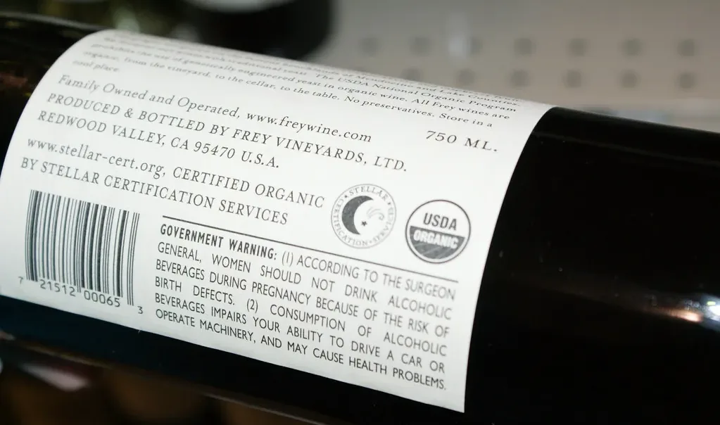The back label of a Frey Vineyards bottle, reading "certified organic by Stellar Certification Services" beside the USDA Organic seal