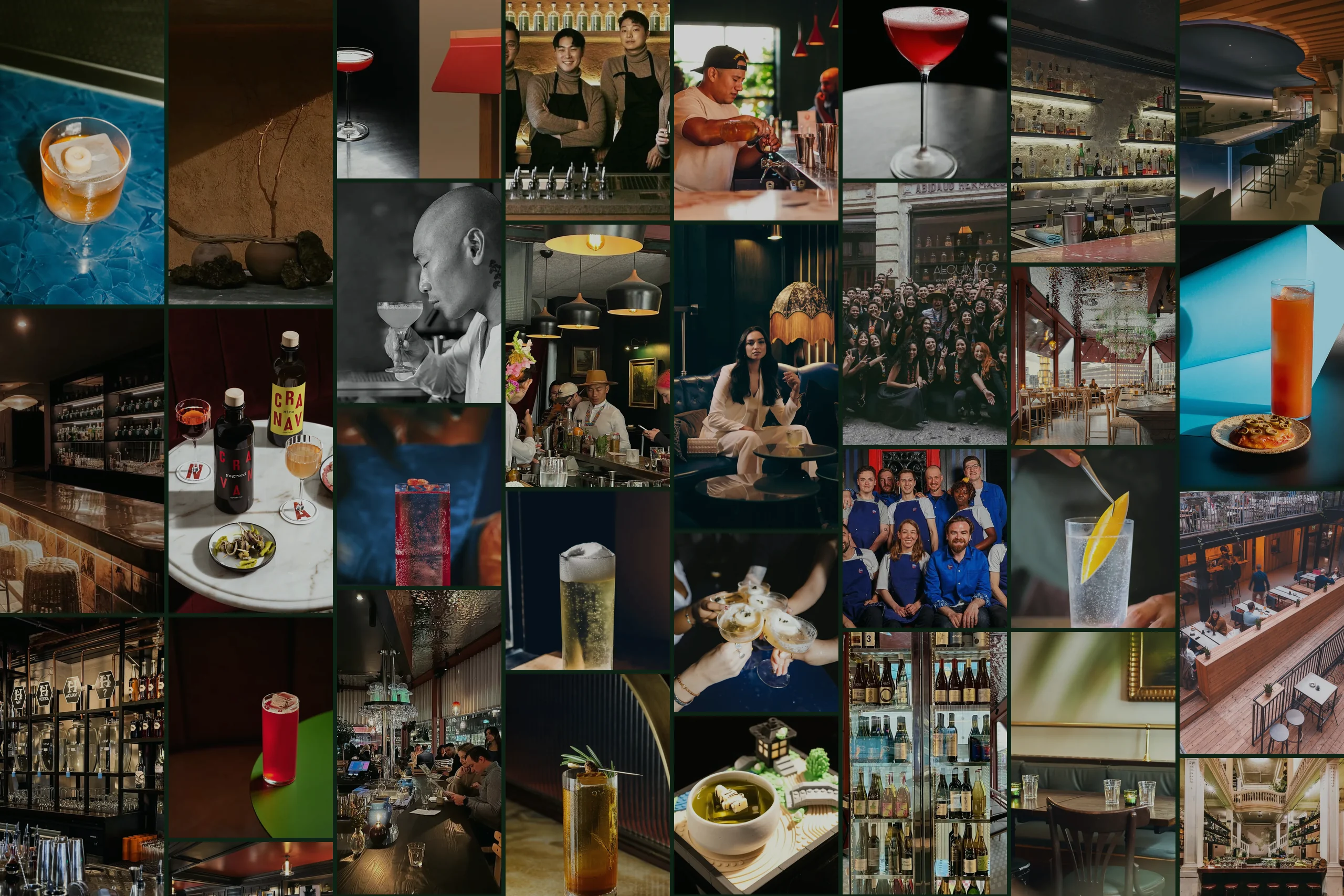 A grid of photographs from all ten bars in the list: rooms, bar backs, drinks and the teams who make them