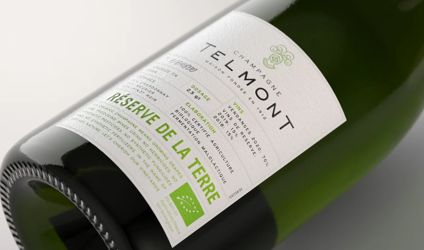 A bottle of Telmont Réserve de la Terre, its label carrying the EU organic logo and the words 100% certifié agriculture biologique