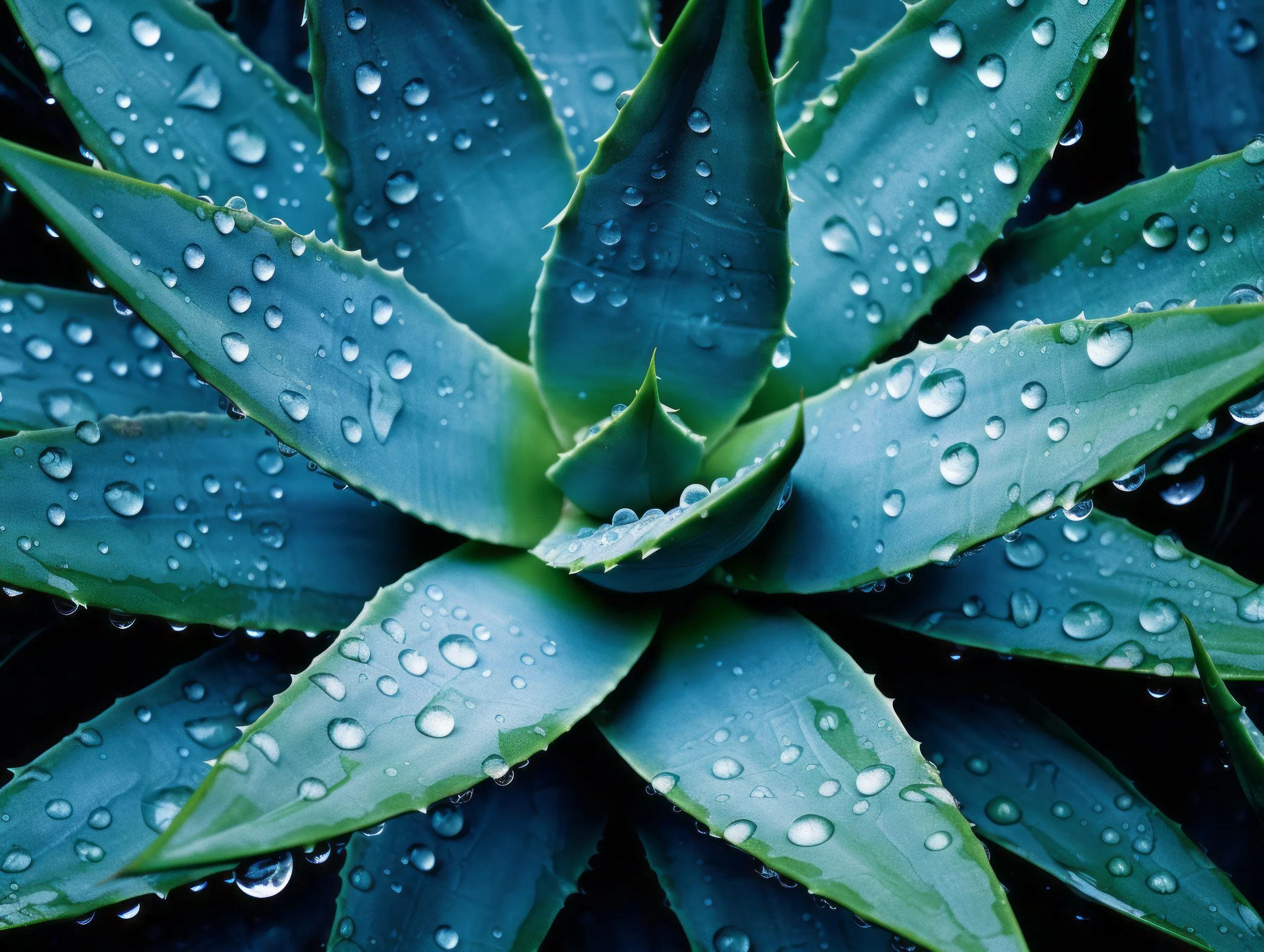 An agave rosette photographed from above, its blue-green leaves beaded with water