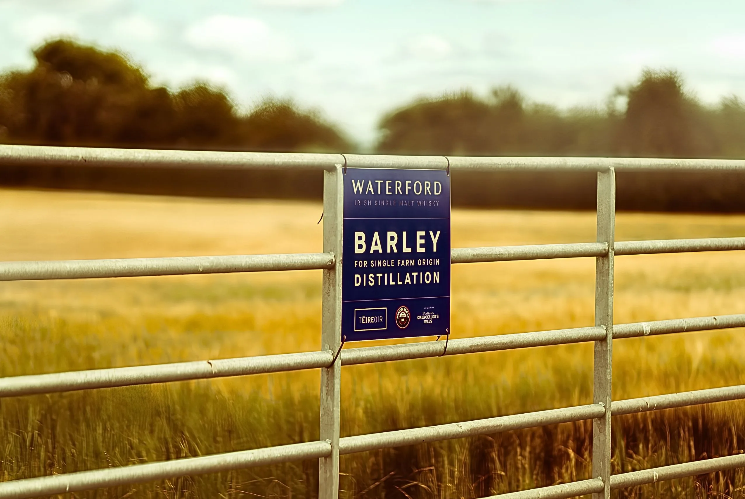 A Waterford barley sign wired to a farm gate, a ripening field behind it