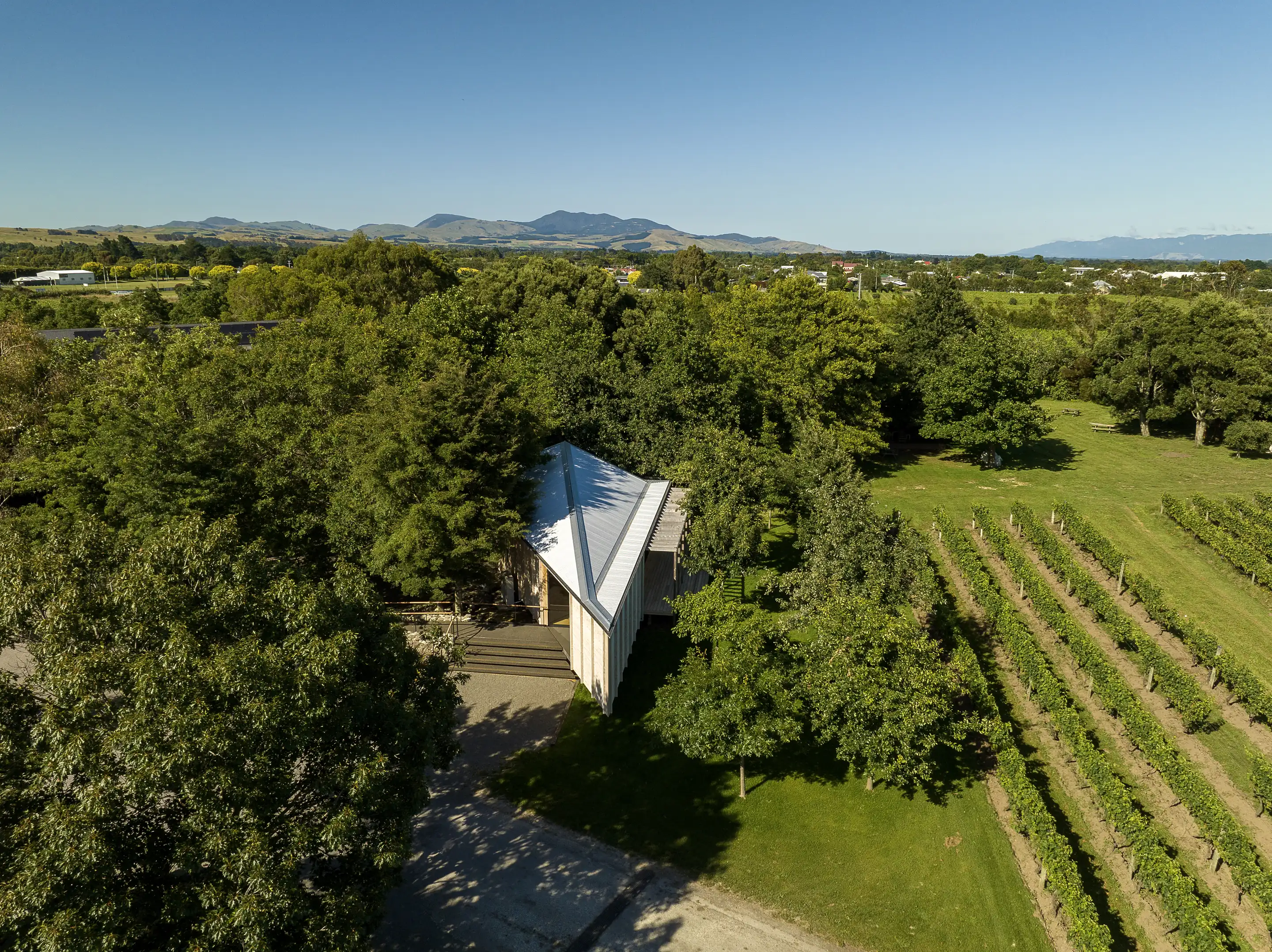Aerial view of the cellar door building at Ata Rangi, a pale gabled roof among trees with vine rows alongside