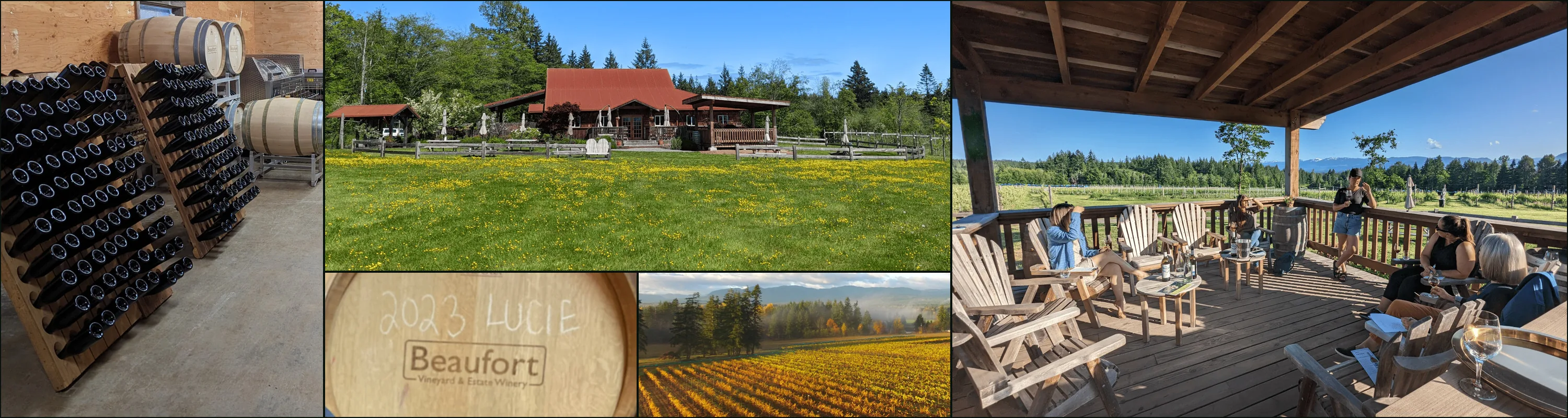 Five photographs: bottle racks and barrels, a red-roofed timber tasting room, a barrel end stamped Beaufort, autumn vine rows, guests on a covered deck