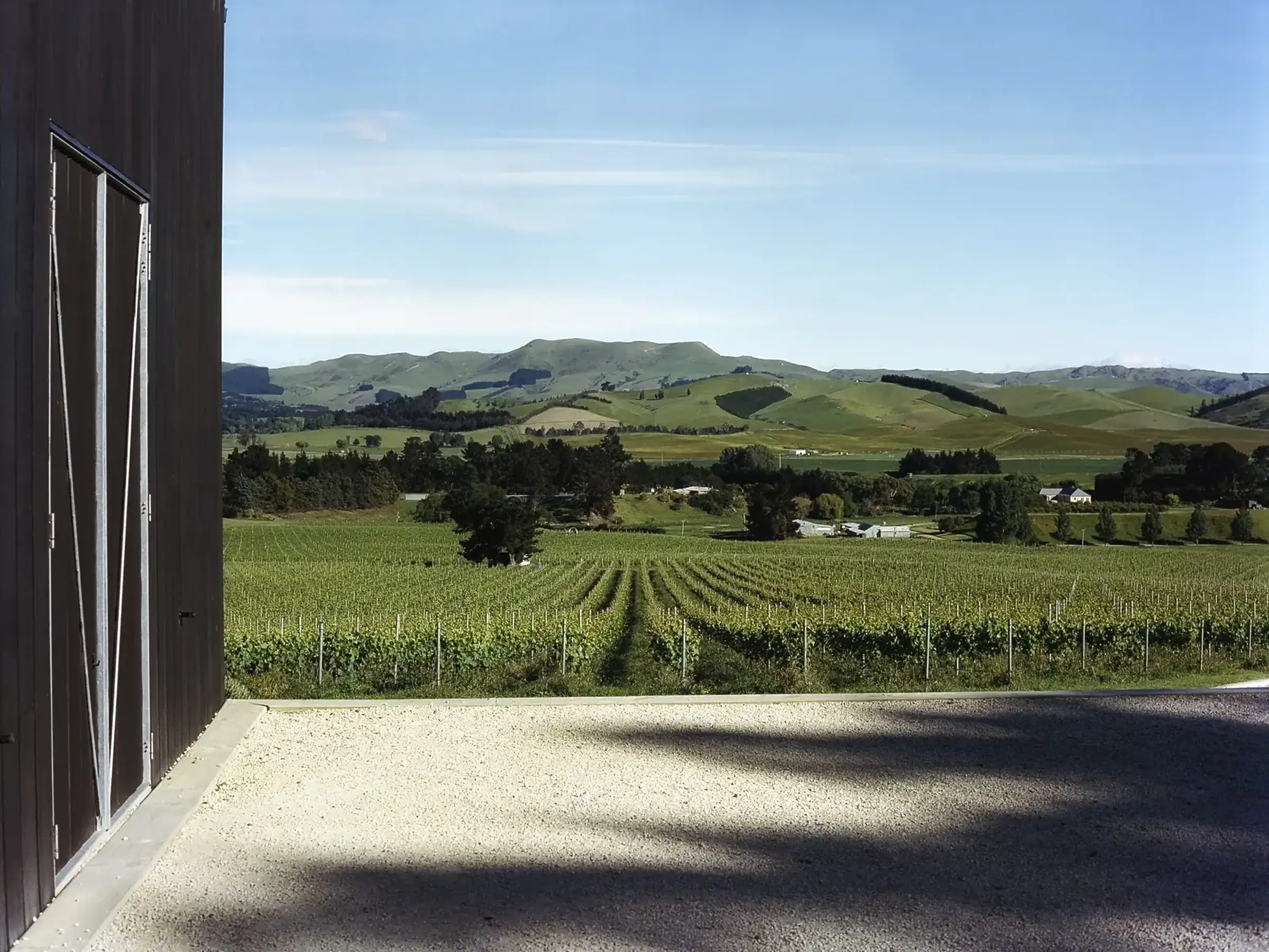View from beside a dark timber wall over a gravel yard to vine rows, farm buildings and green hills beyond