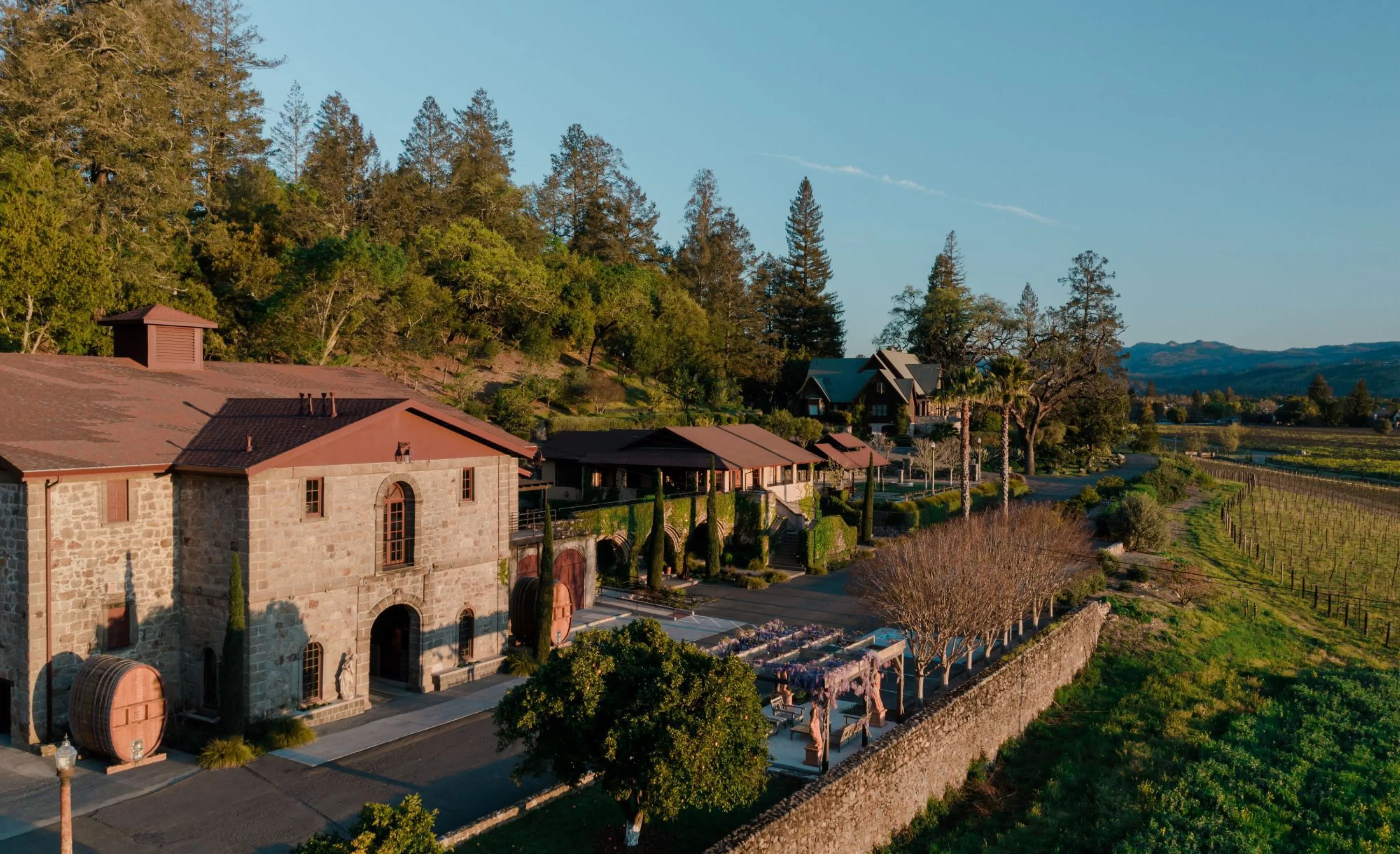 Stone winery building with a large barrel beside it, seen from above at low sun, with vines beyond