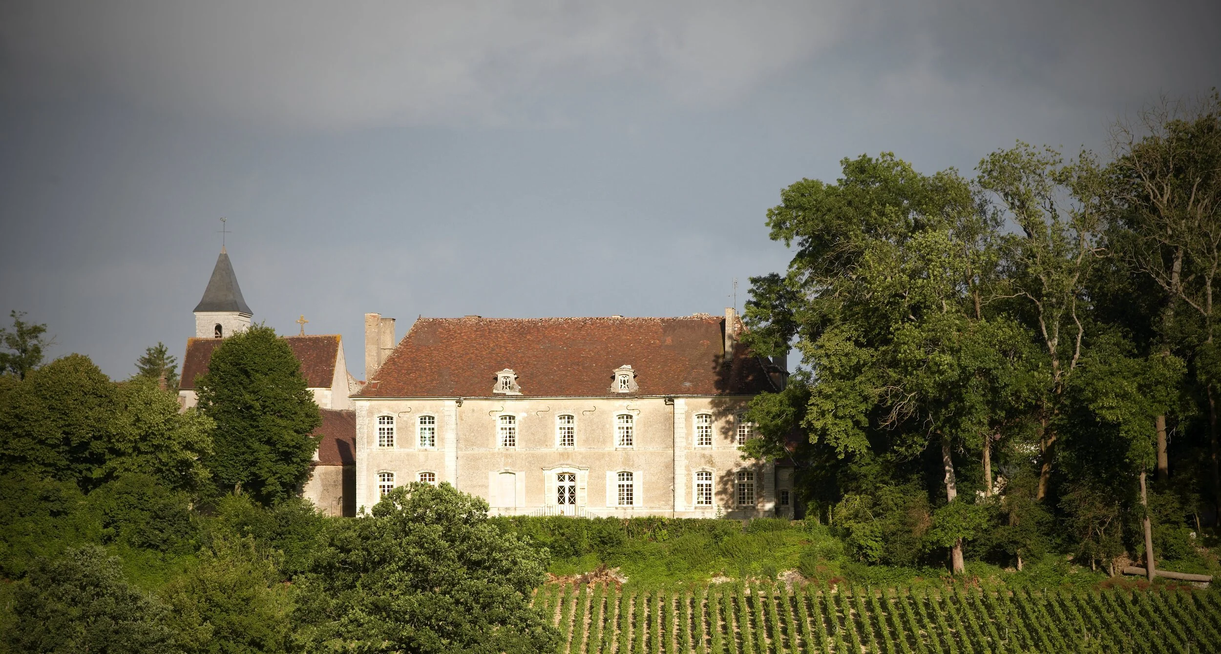 Pale stone château with a tiled roof and a church spire behind, among trees above vine rows under a dark sky