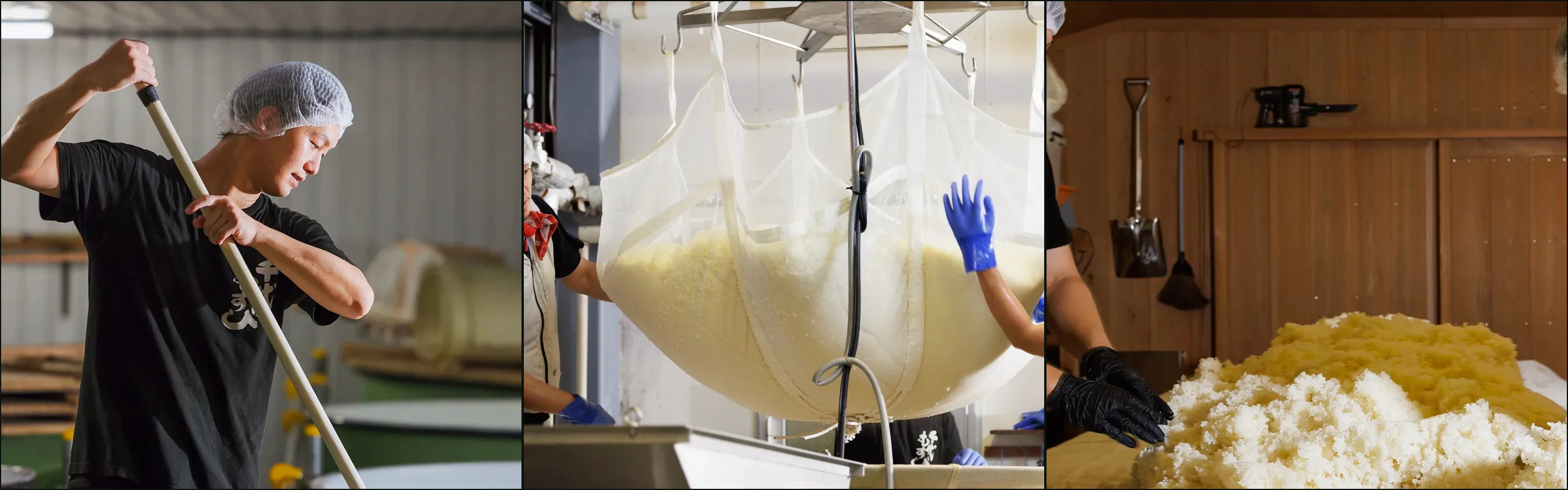 Three photographs at Chiyomusubi: a worker in a hairnet stirring with a long paddle, pale grain in a hanging cloth sack, gloved hands in heaped grain