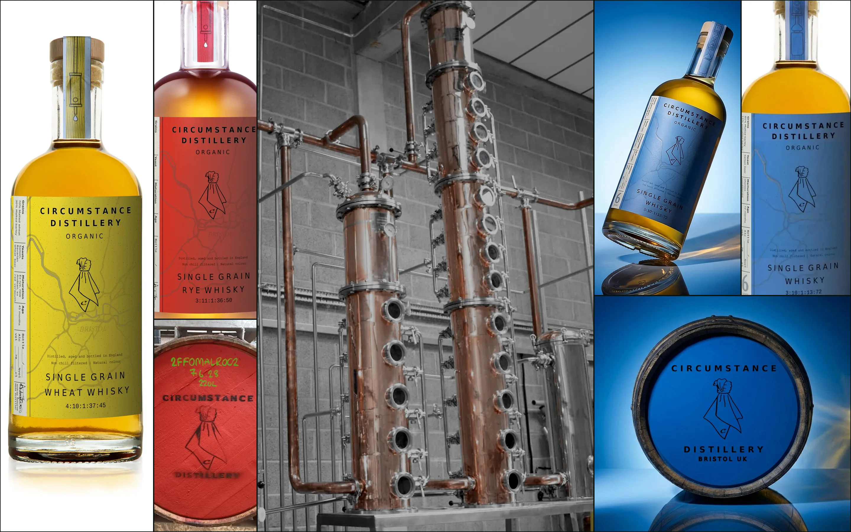 Collage of Circumstance Distillery whisky bottles and labels in yellow, red and blue, two cask ends and copper column stills