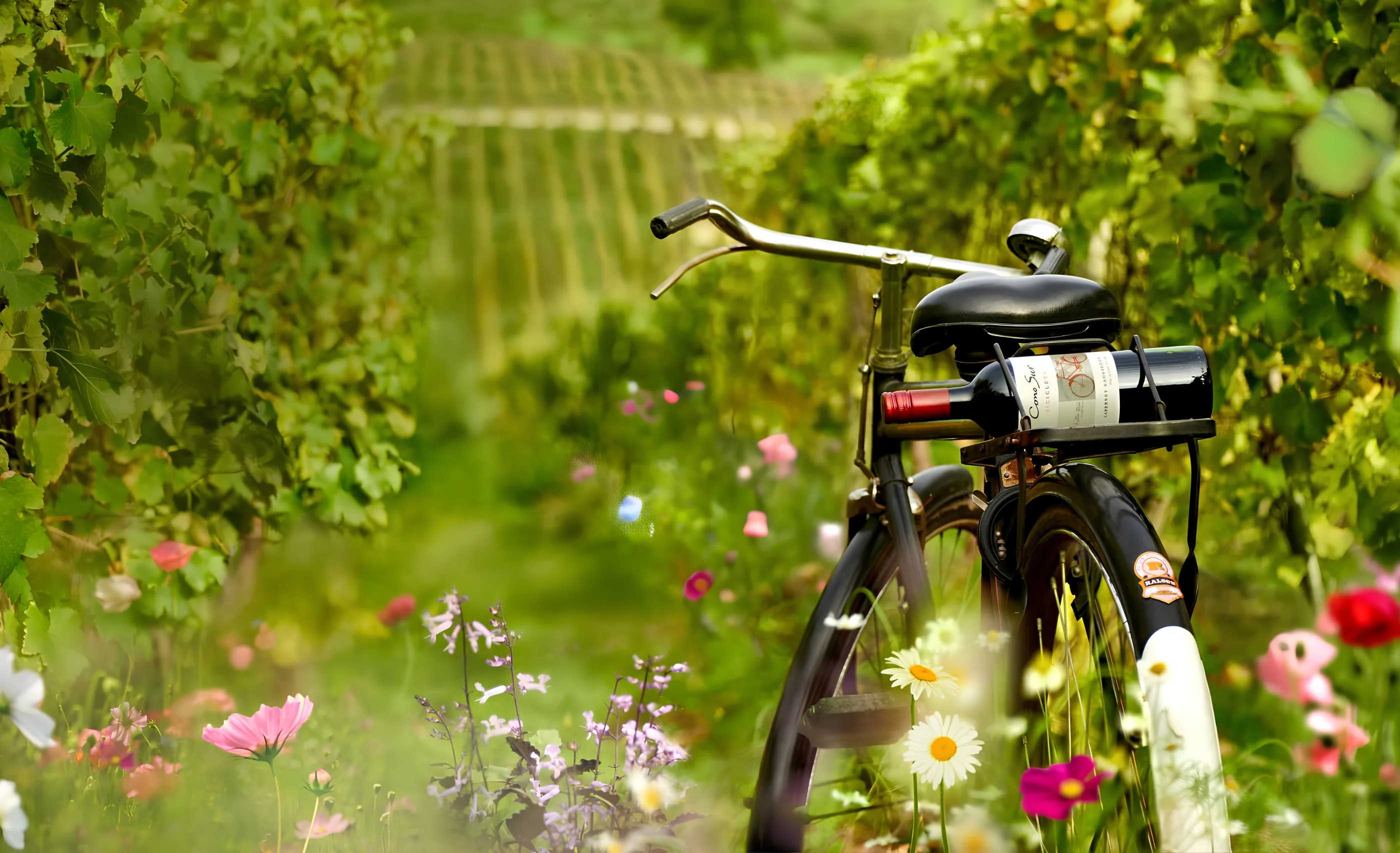 Black bicycle with a bottle of Cono Sur wine strapped to its rear rack, standing in a vine row among pink and white flowers