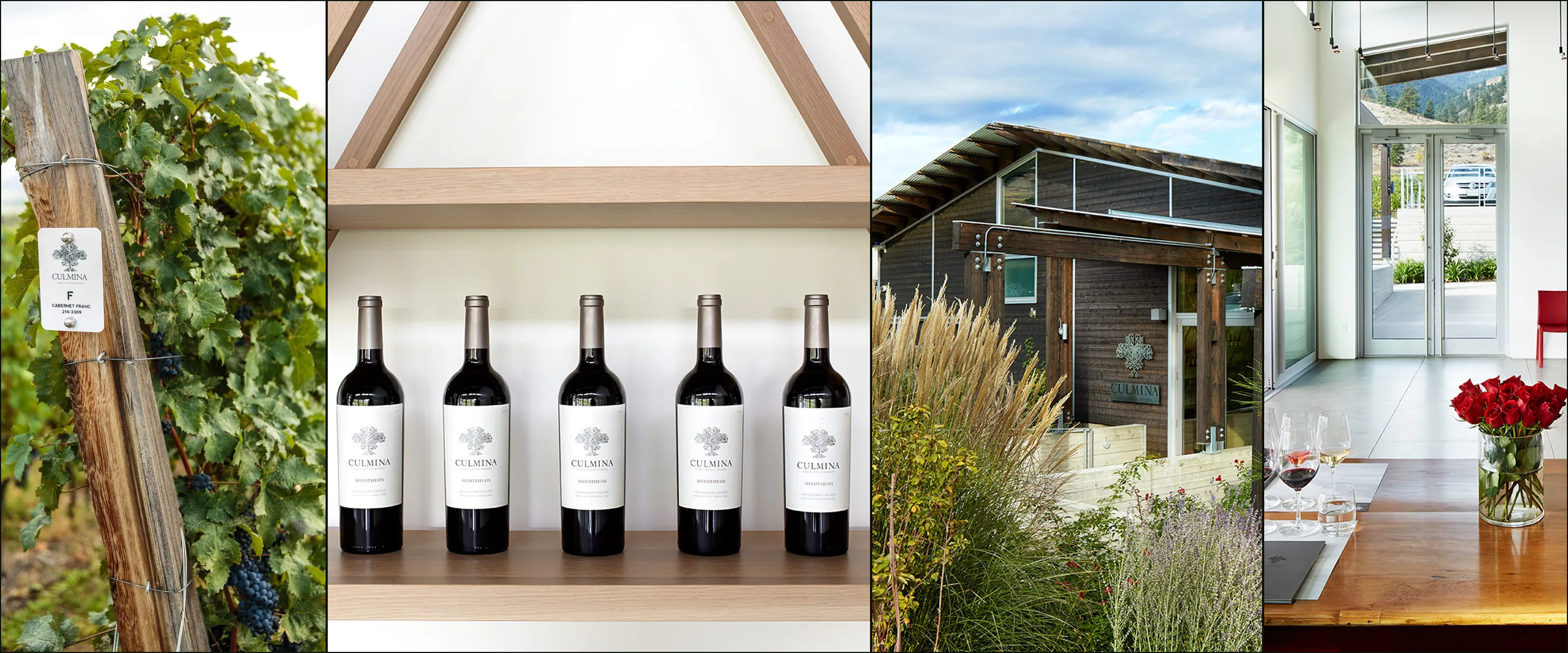 Four photographs: a vine post tagged Cabernet Franc, five Culmina bottles on a shelf, the tasting room entrance, glasses and red roses on a table