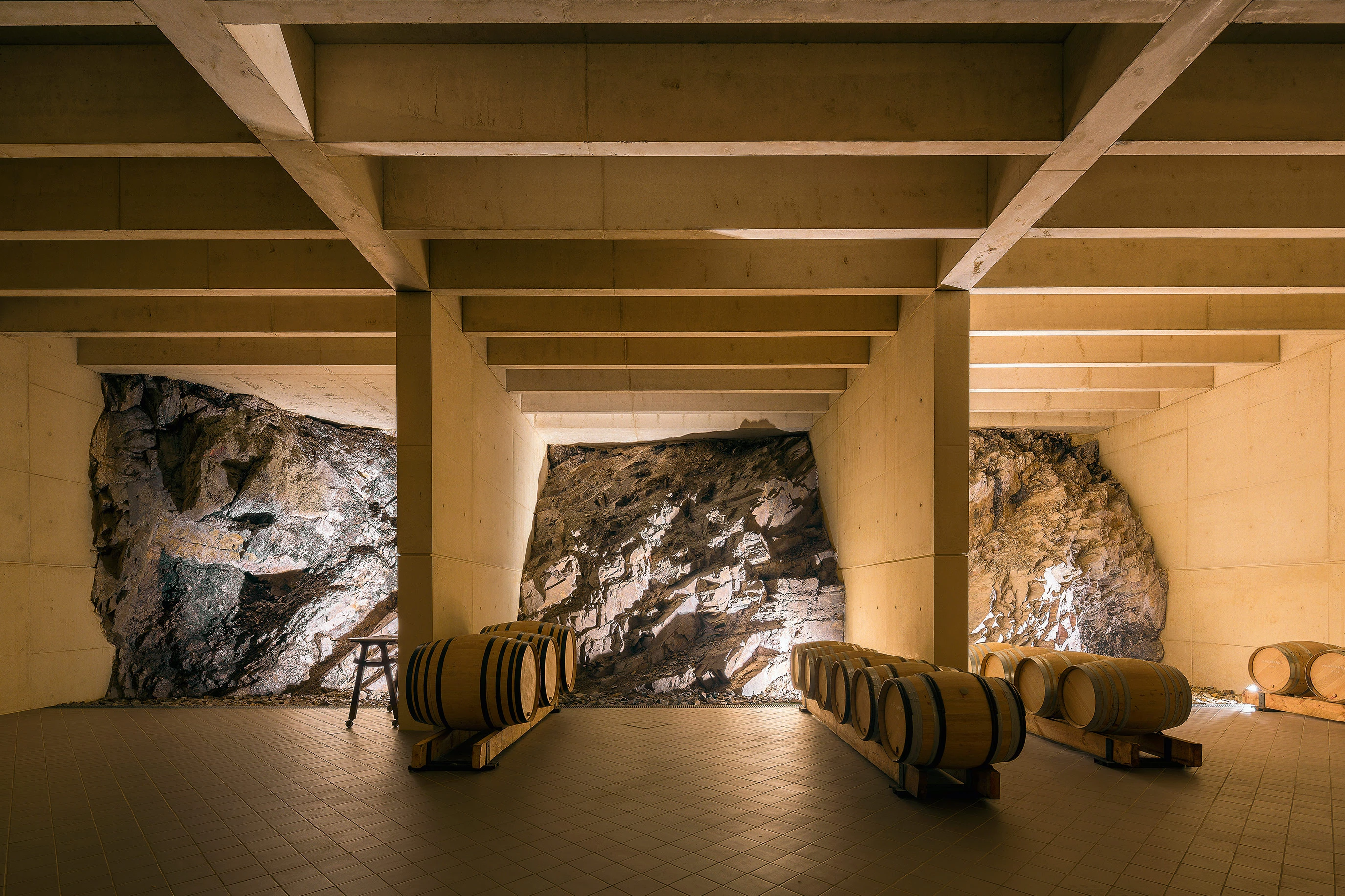 A cellar with a beamed concrete ceiling, bare rock faces between concrete walls and oak barrels on wooden racks