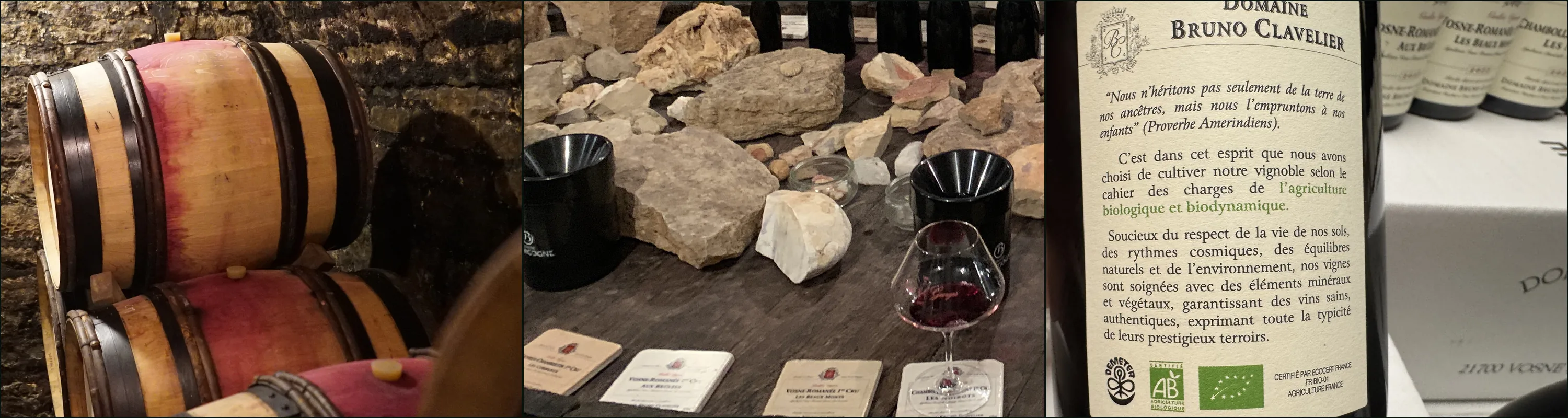 Three photographs: stacked barrels stained with red wine, limestone rocks and a glass of red on a table, a Domaine Bruno Clavelier back label