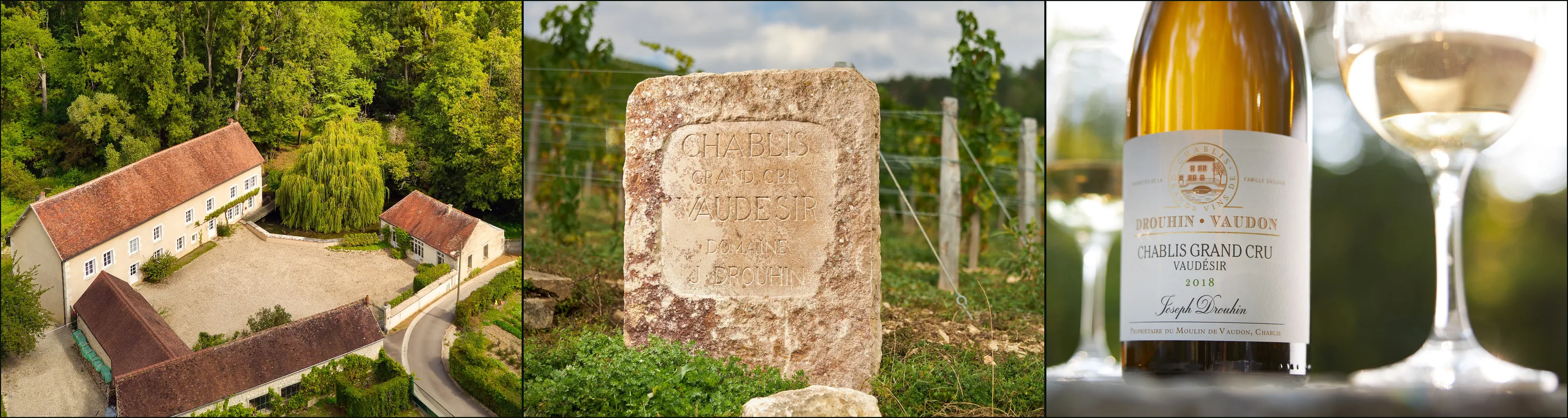 Three photographs: the Moulin de Vaudon from above, a carved stone marking Chablis Grand Cru Vaudésir among vines, a Drouhin-Vaudon bottle between two glasses