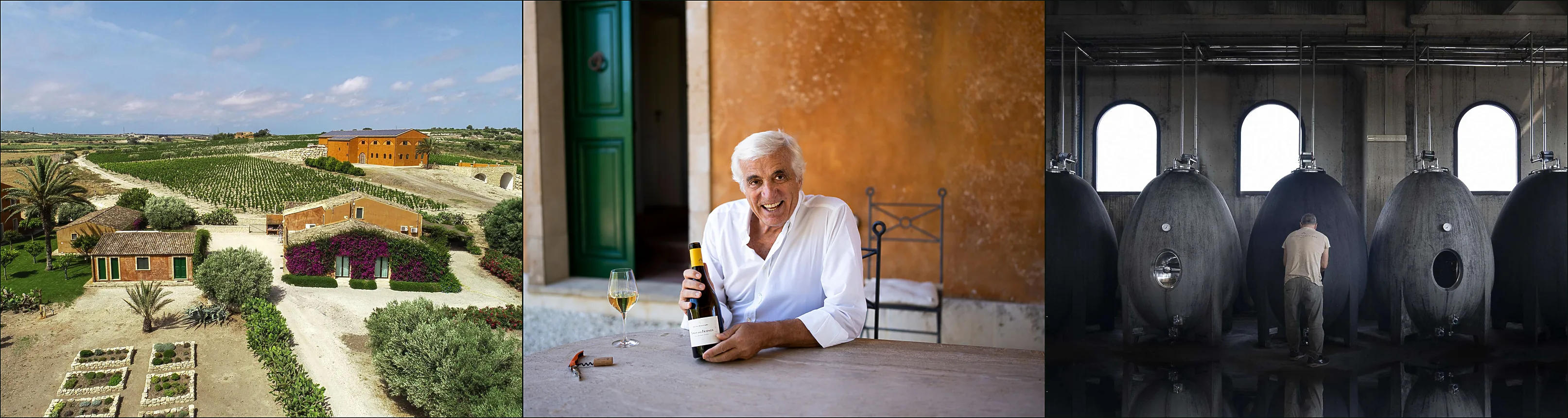 Three photographs at Feudo Maccari: the estate seen from above, a white-haired man holding a bottle at a table, concrete egg-shaped vats