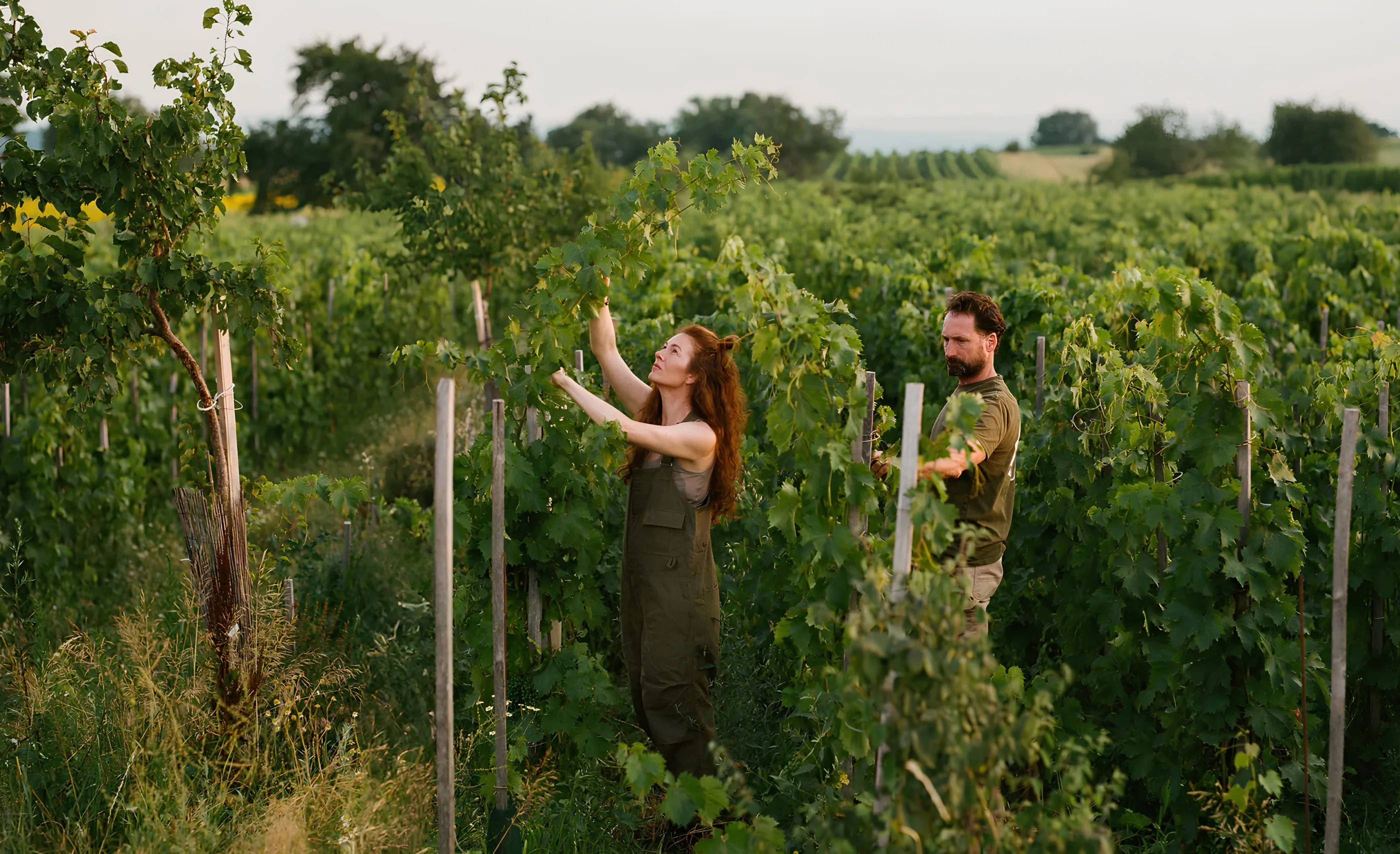 A woman in olive overalls reaches into tall green vine foliage while a man stands in the next row, with trees beyond