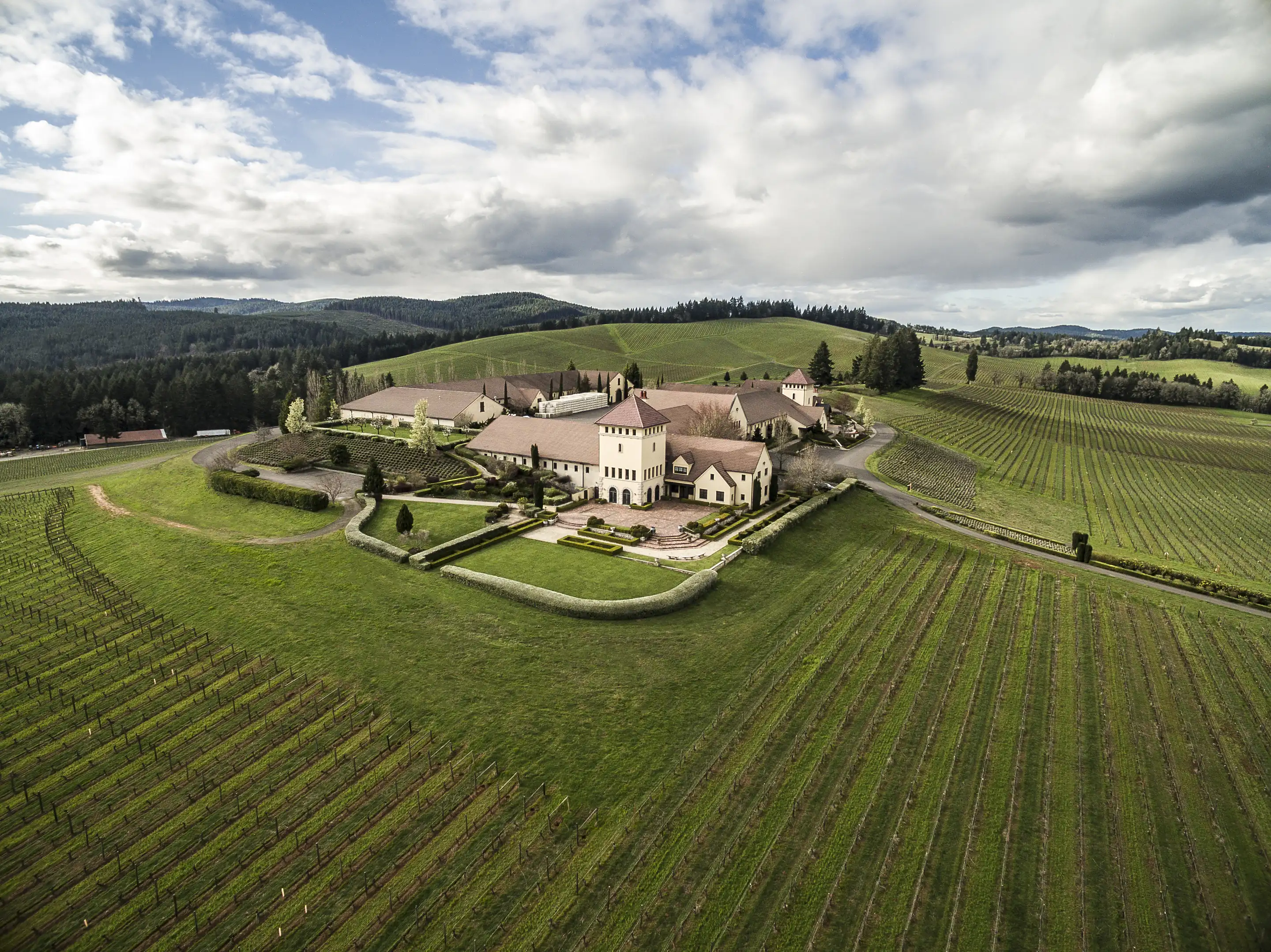 Aerial view of the King Estate buildings and hedged gardens on a hilltop ringed by vine rows, under a cloudy sky