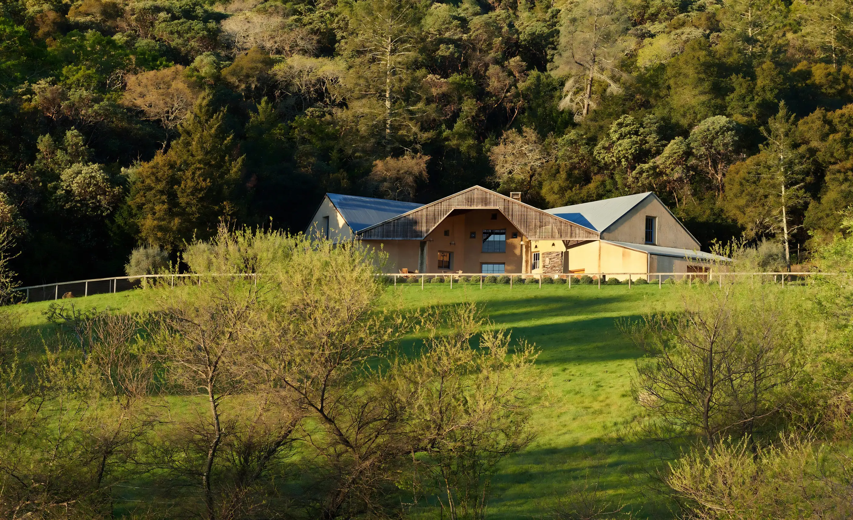 A farmhouse-style building with a slatted timber gable and metal roofs on a grassy slope below dense woodland