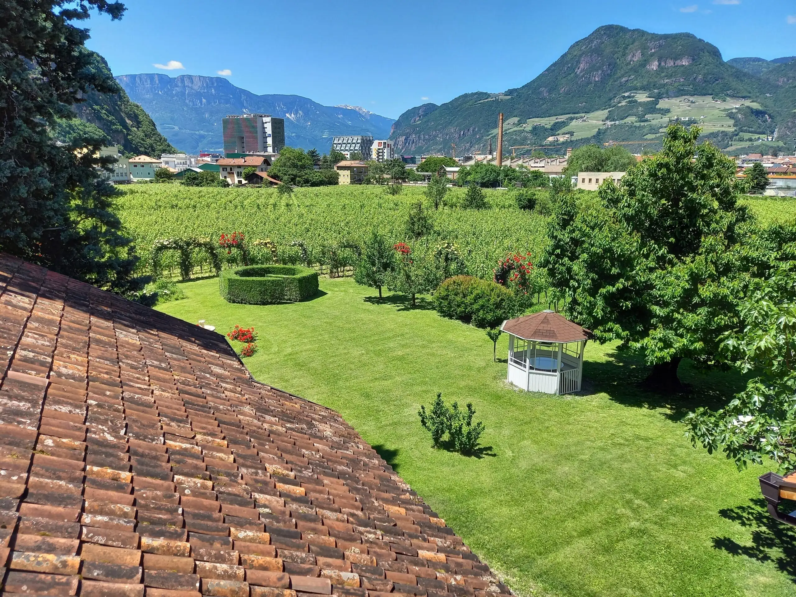 Terracotta tile roof above a lawn with a white gazebo and clipped hedge, a vineyard, town buildings and mountains beyond