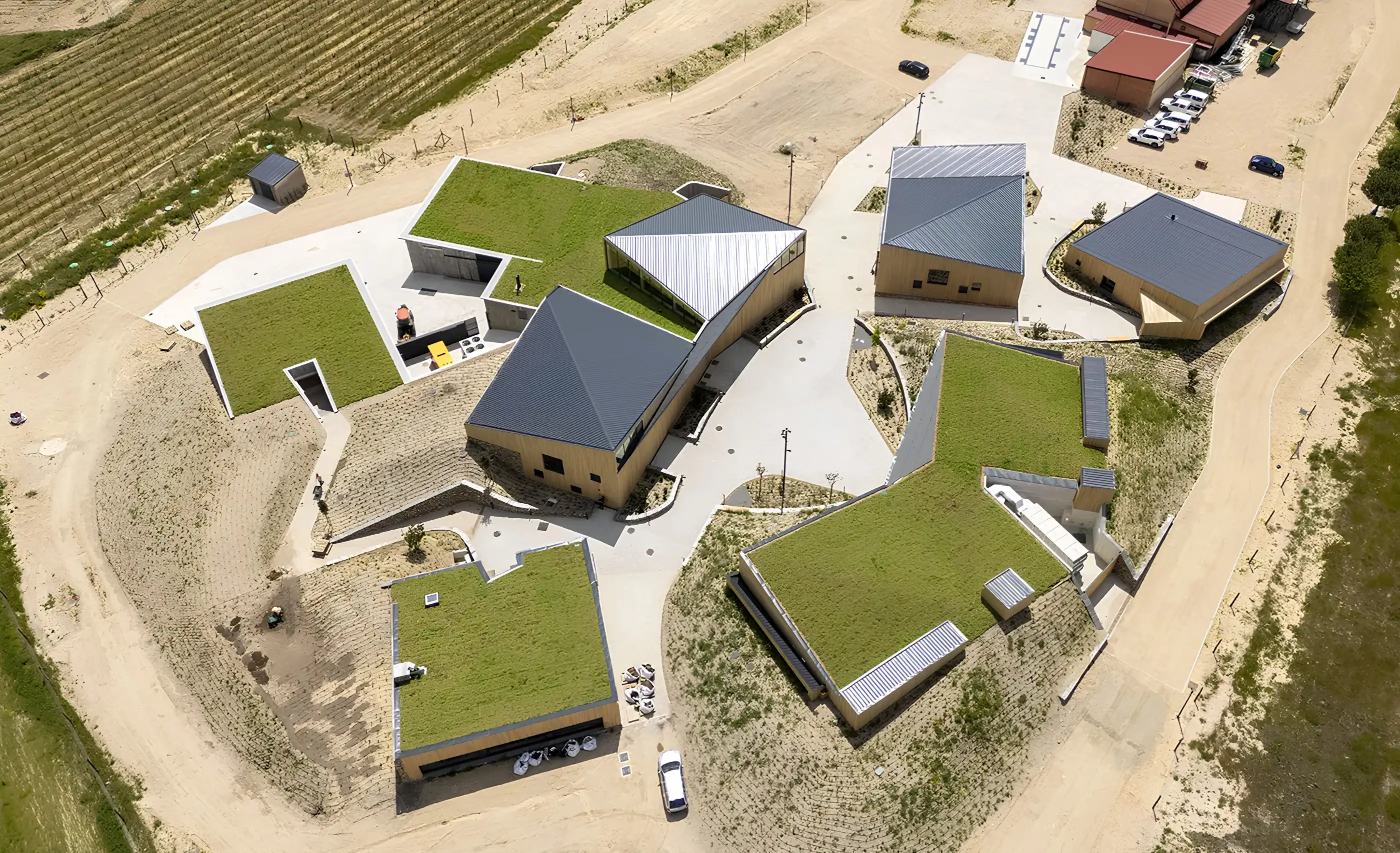 Aerial view of winery buildings with grass roofs and grey roofs on sandy paths, vines at top left, at Ossian Vides y Vinos