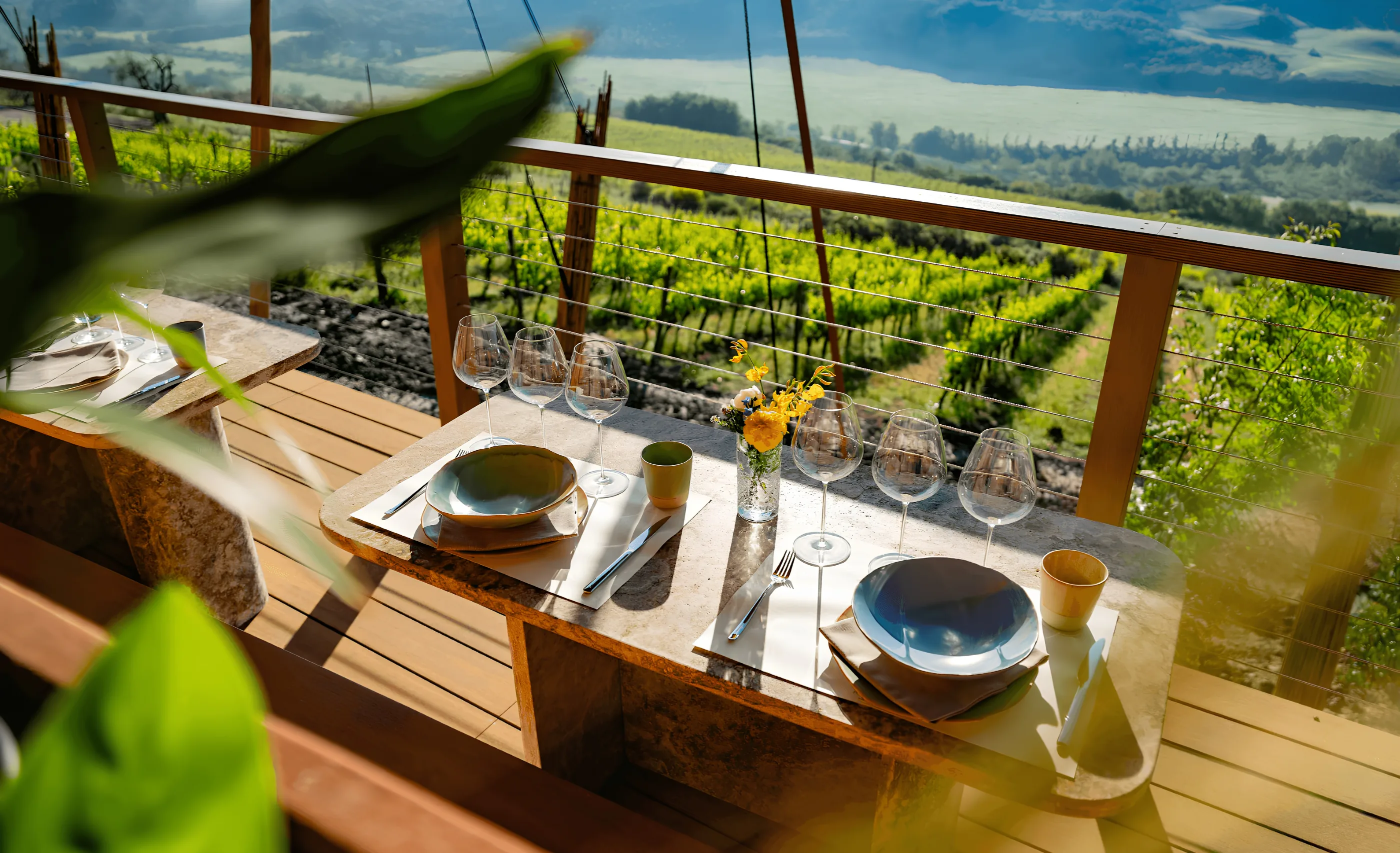 A table laid with plates, glasses and yellow flowers on a wooden terrace above vineyards and a valley