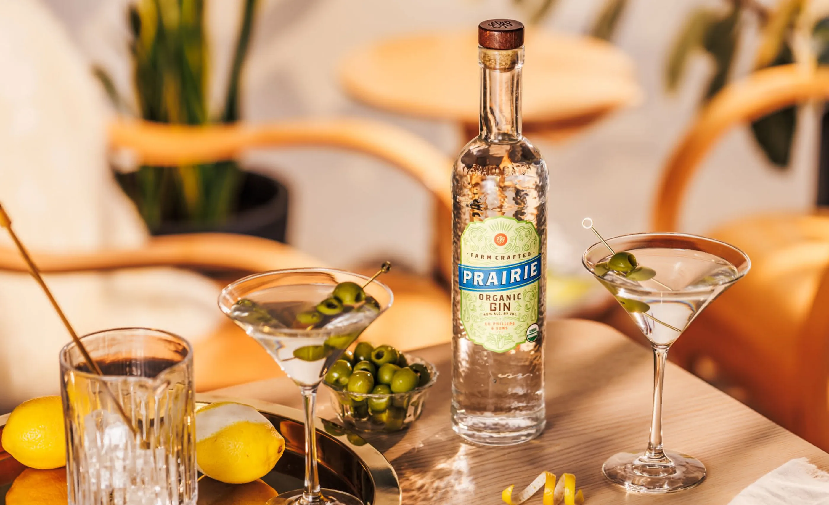 A bottle of Prairie gin beside two martinis with green olives, a bowl of olives, lemons and a glass of ice on a wooden table