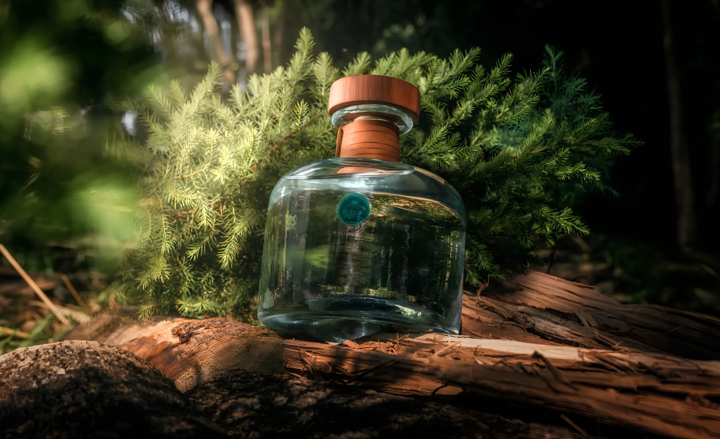 A squat clear glass bottle with a wooden stopper and leather-wrapped neck on tree bark, in front of green conifer branches