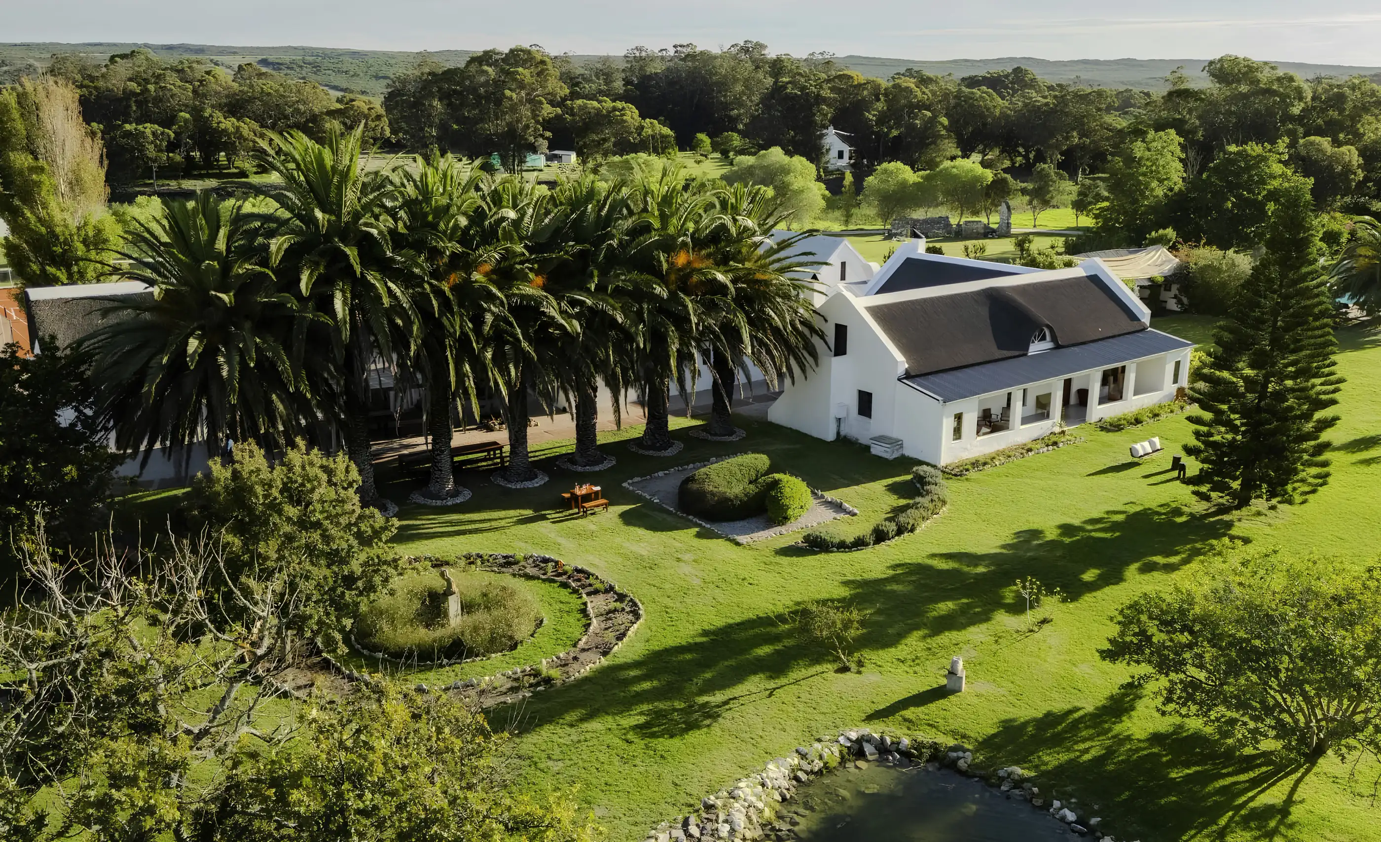 Aerial view of a white, thatched Cape Dutch farmhouse among palms, lawns and a pond, with woodland behind