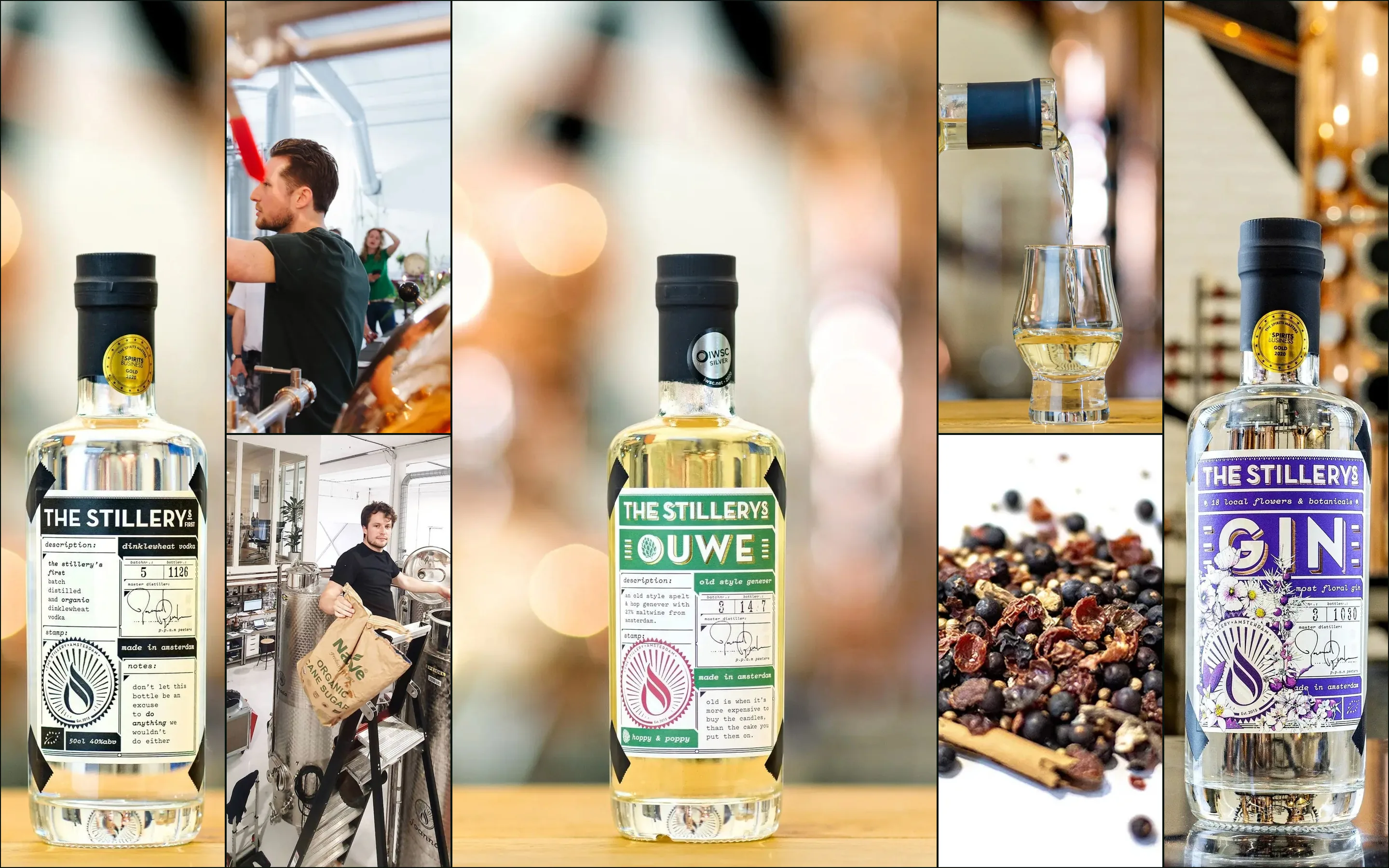 Seven photographs: Stillery vodka, genever and gin bottles, two men at work, a pour into a glass, dried berries and spices