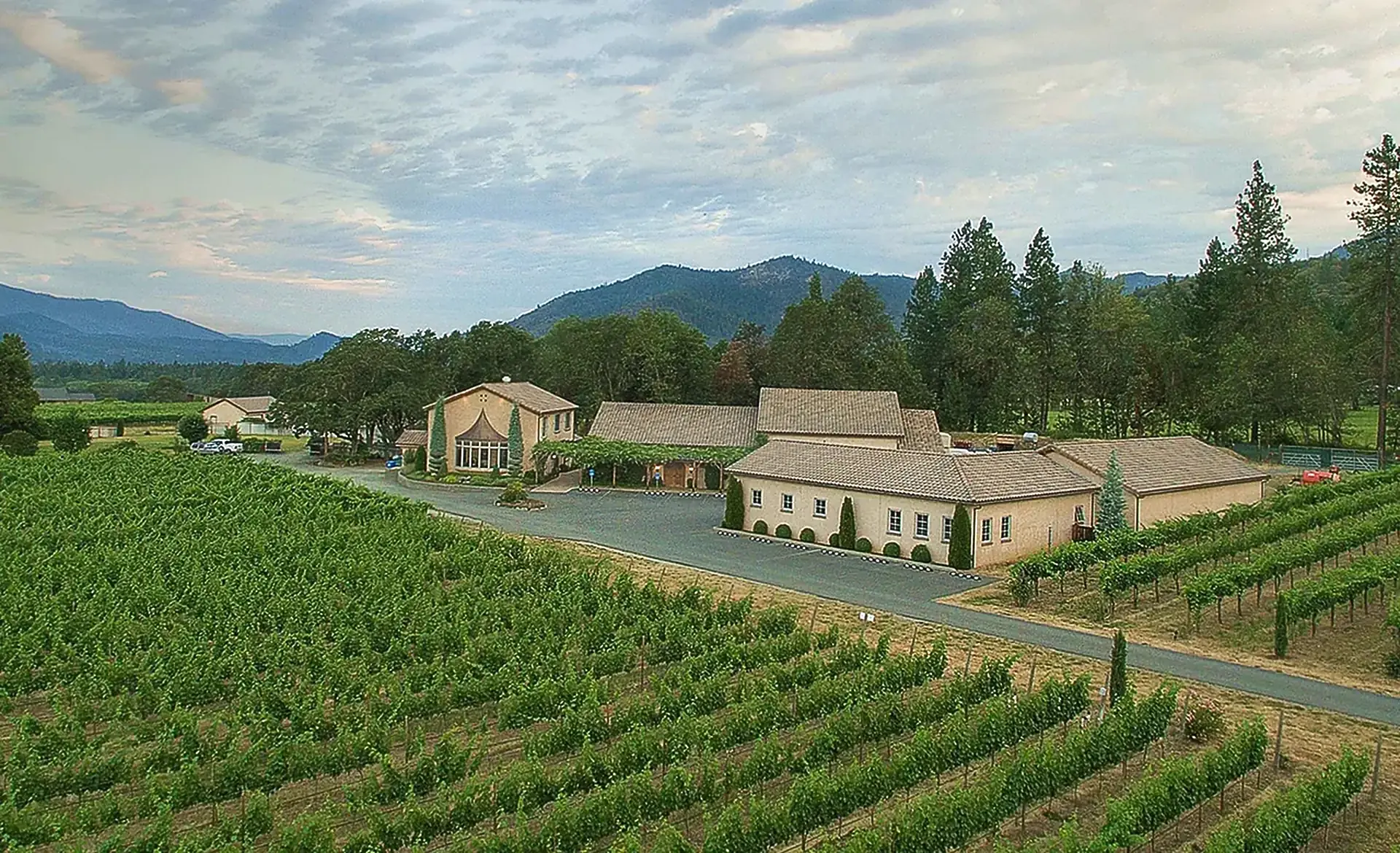 Aerial view of cream-walled, tile-roofed buildings beside a paved drive and green vine rows, with forested mountains behind