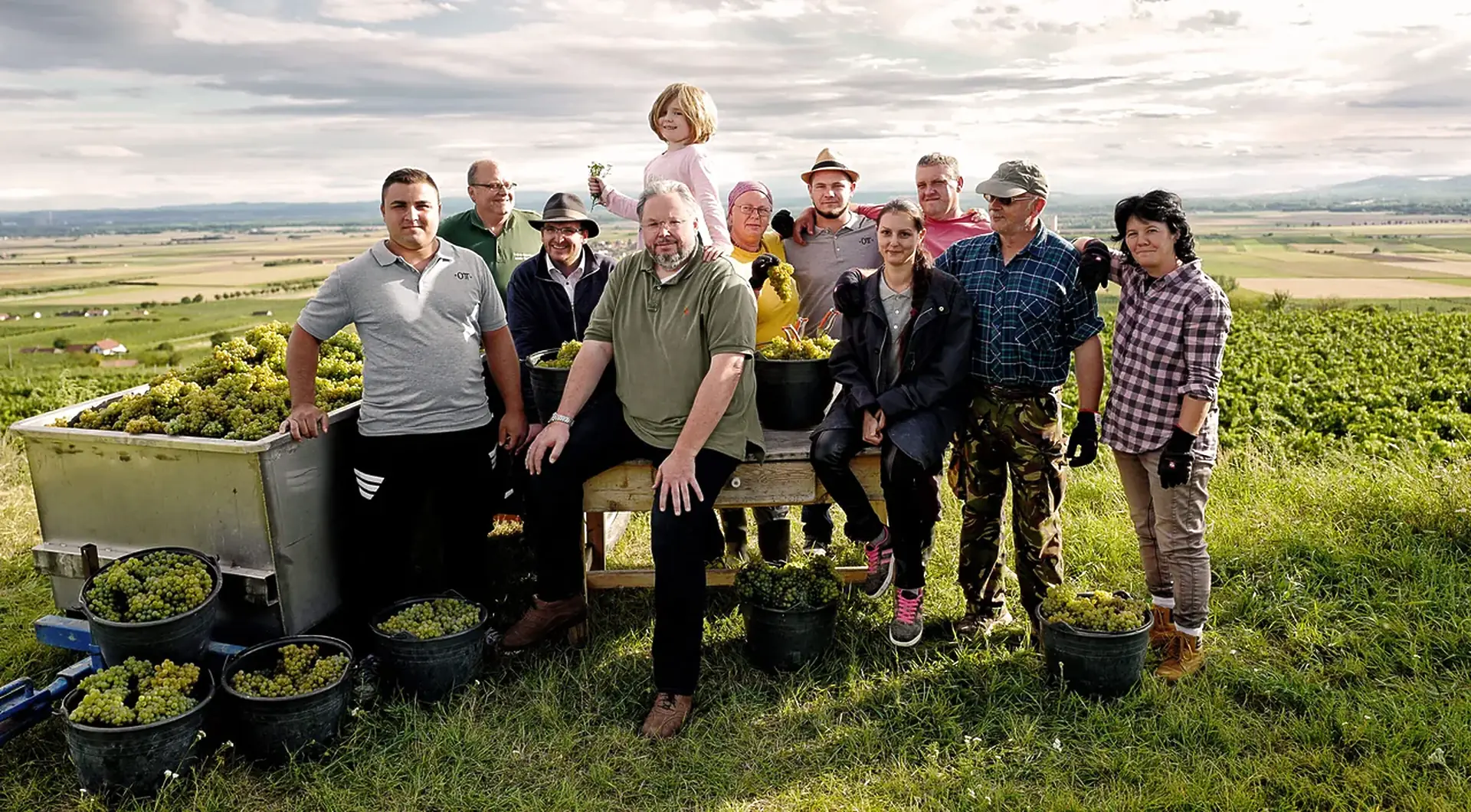 A group of people posed with buckets and a trailer bin of pale green grapes on a grassy slope above flat farmland