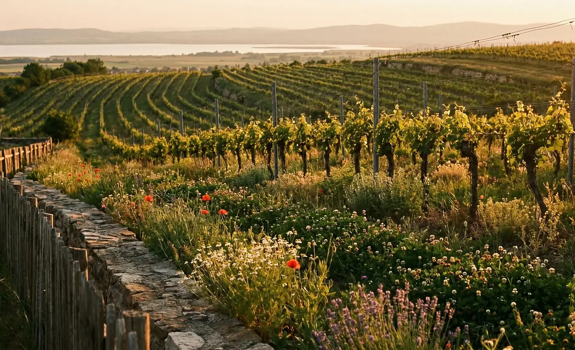 Vine rows above a low stone wall and wooden fence, poppies and wildflowers in front, a wide stretch of water beyond